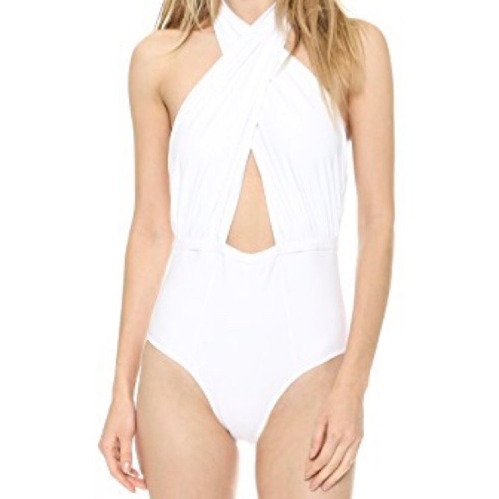 White, halter top, backless 1 piece bathing suit